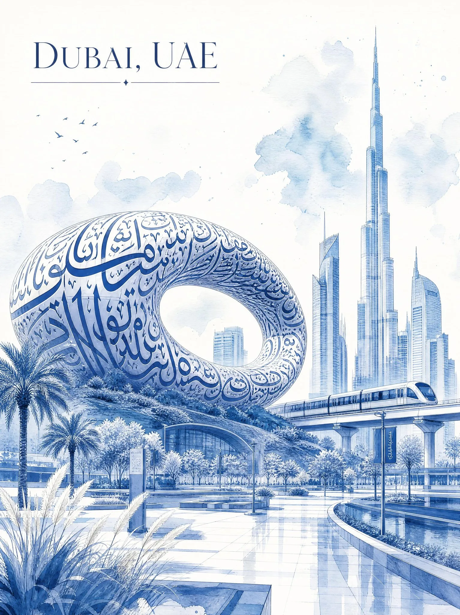Dubai Museum Of The Future Watercolor Travel Poster