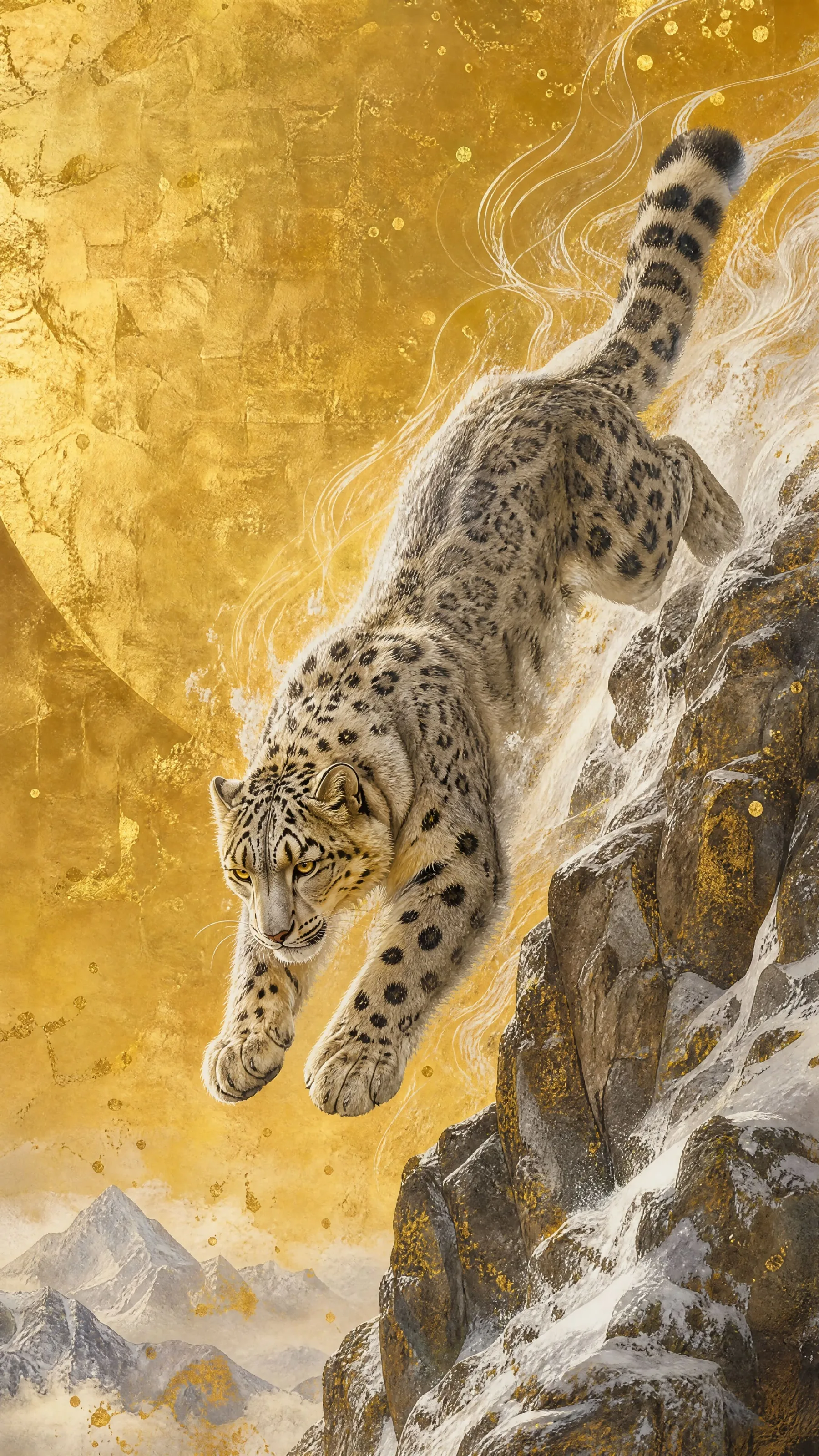 Majestic Snow Leopard Captured Dynamic Mid Air Leap Descending