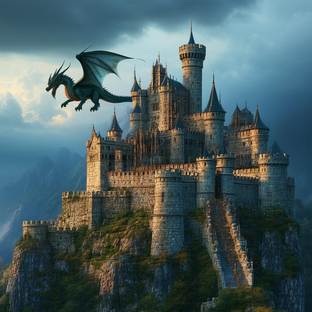Dragon Circling a Medieval Stone Castle