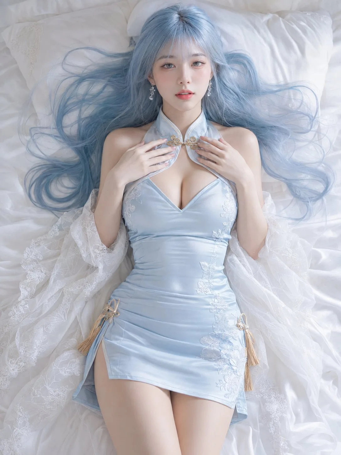 Overhead Ice Blue Qipao Bedroom Portrait