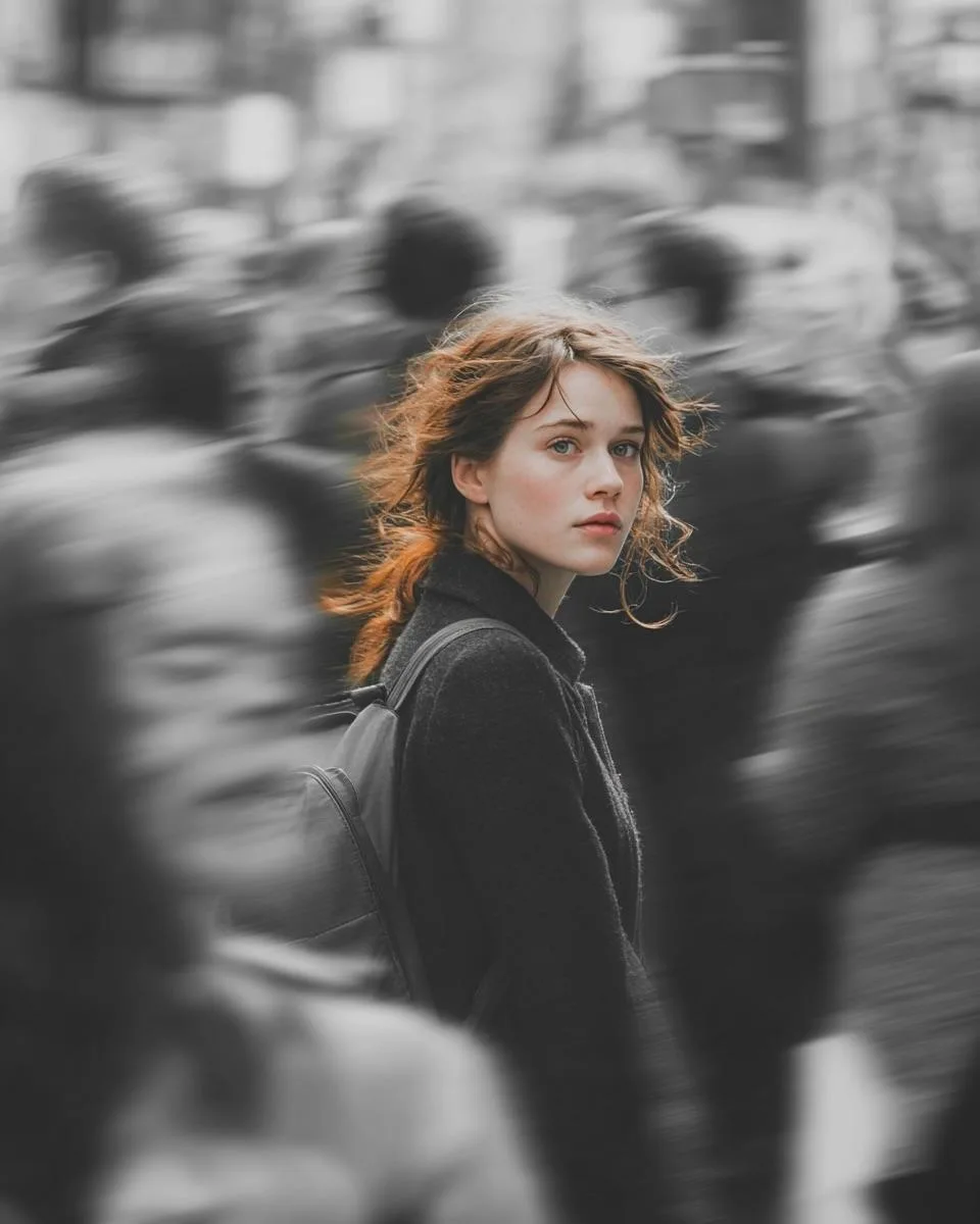 Selective Color City Crowd Motion Portrait