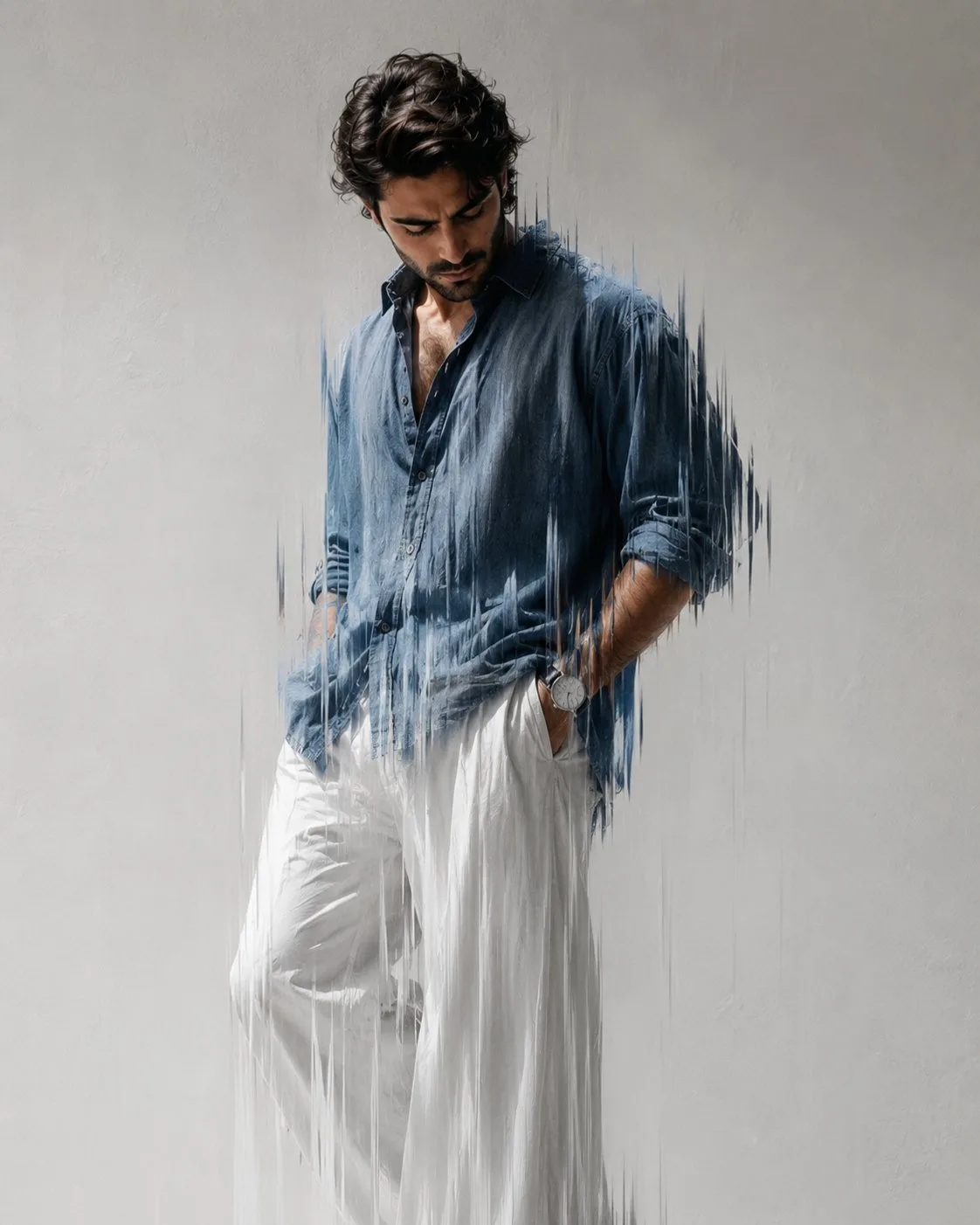 Stylish Young Man Standing Dynamic Pose Looking Down