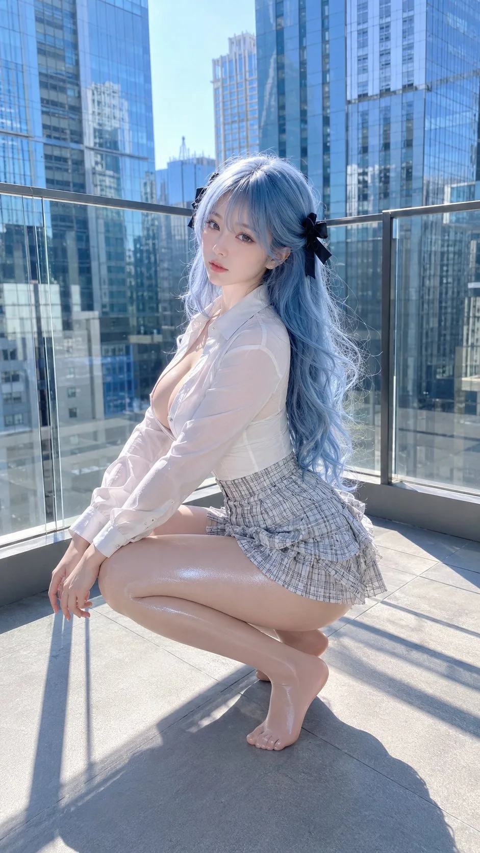 Urban Rooftop Blue Hair Fashion Portrait