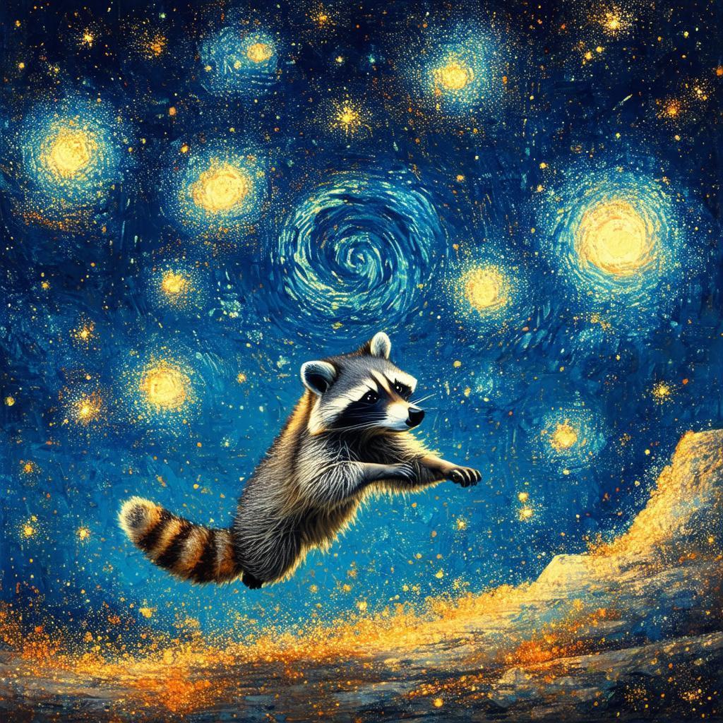 Dynamic Raccoon Leaping Through Starlit Explosions