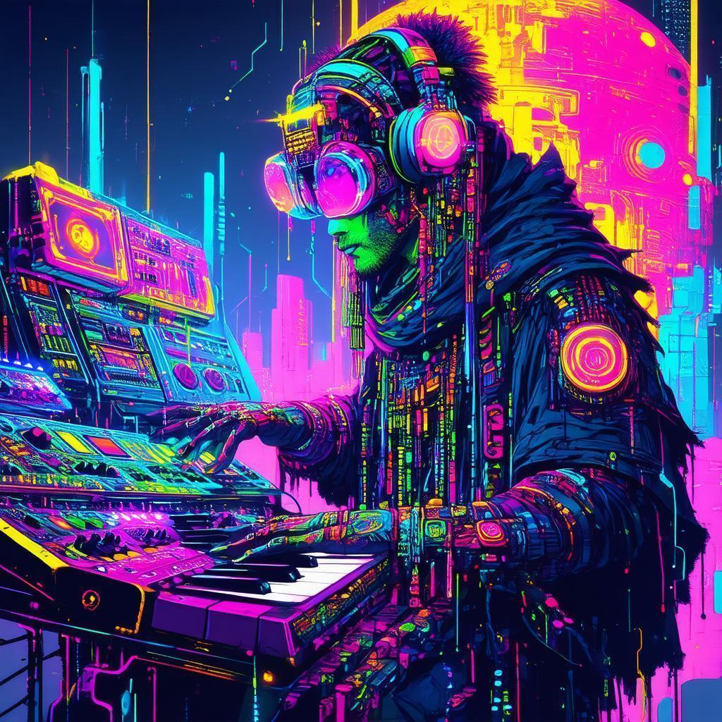 Neonpunk Druid Playing a Synth Instrument