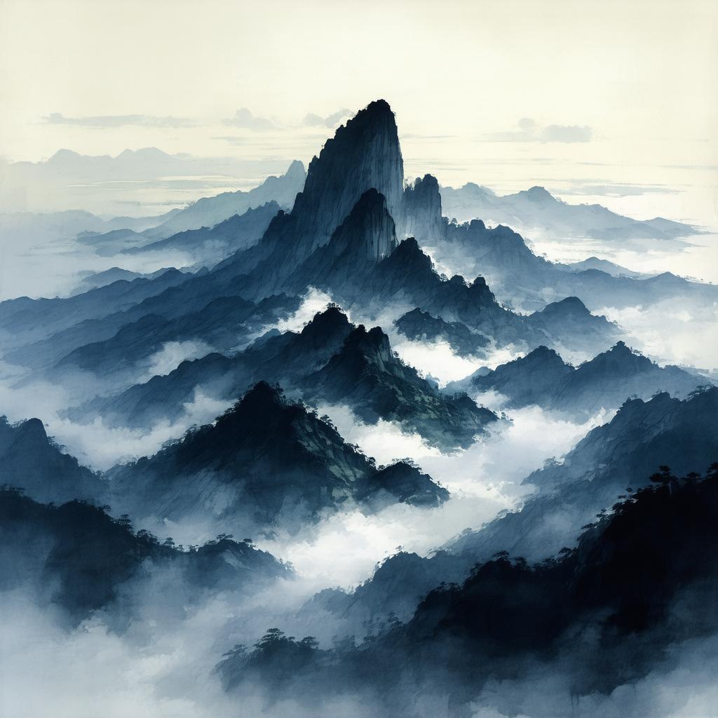 Misty Mountain Range in Flowing Anime Grays