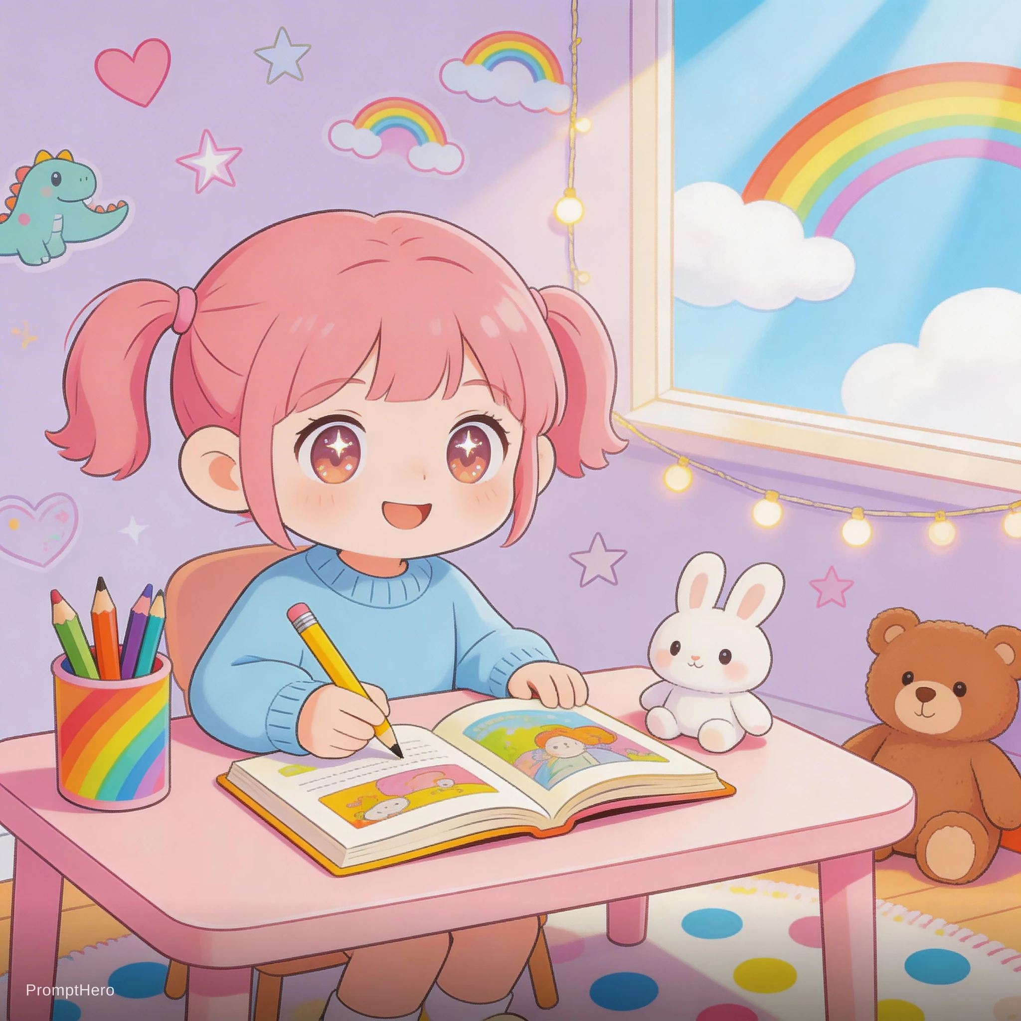 Cartoon Girl Learning Playing