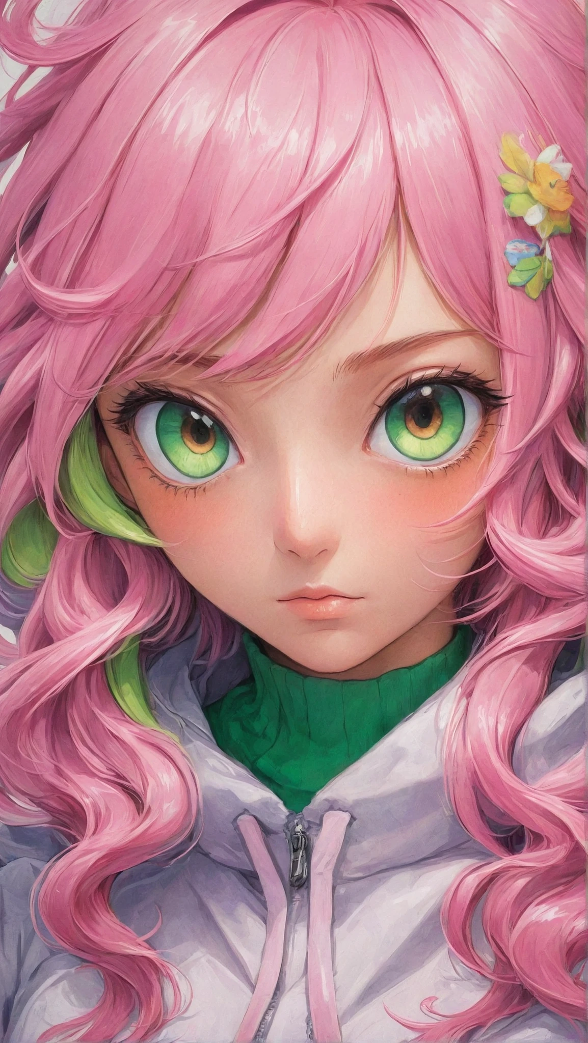 Cute Girl Pink Hair Green Eyes