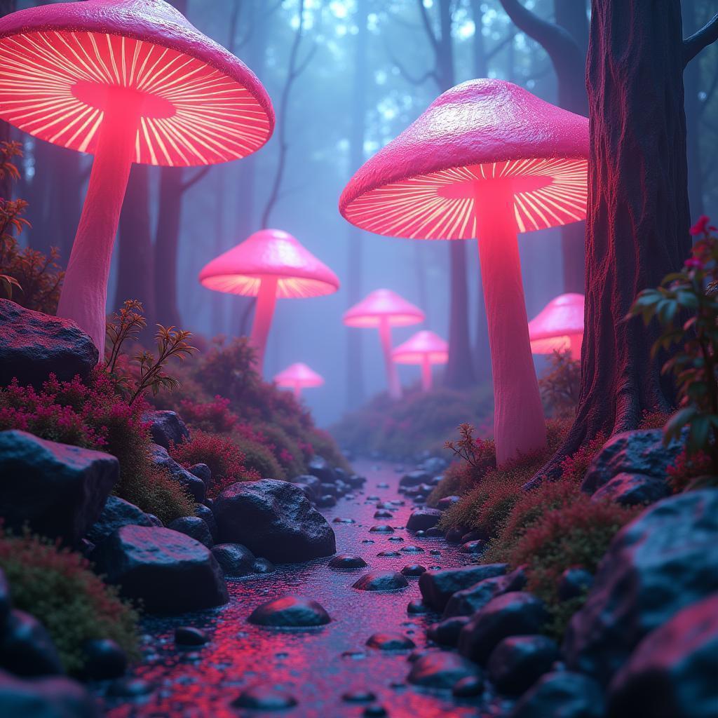 Digital Mushroom Trip Through Neon Wonderland