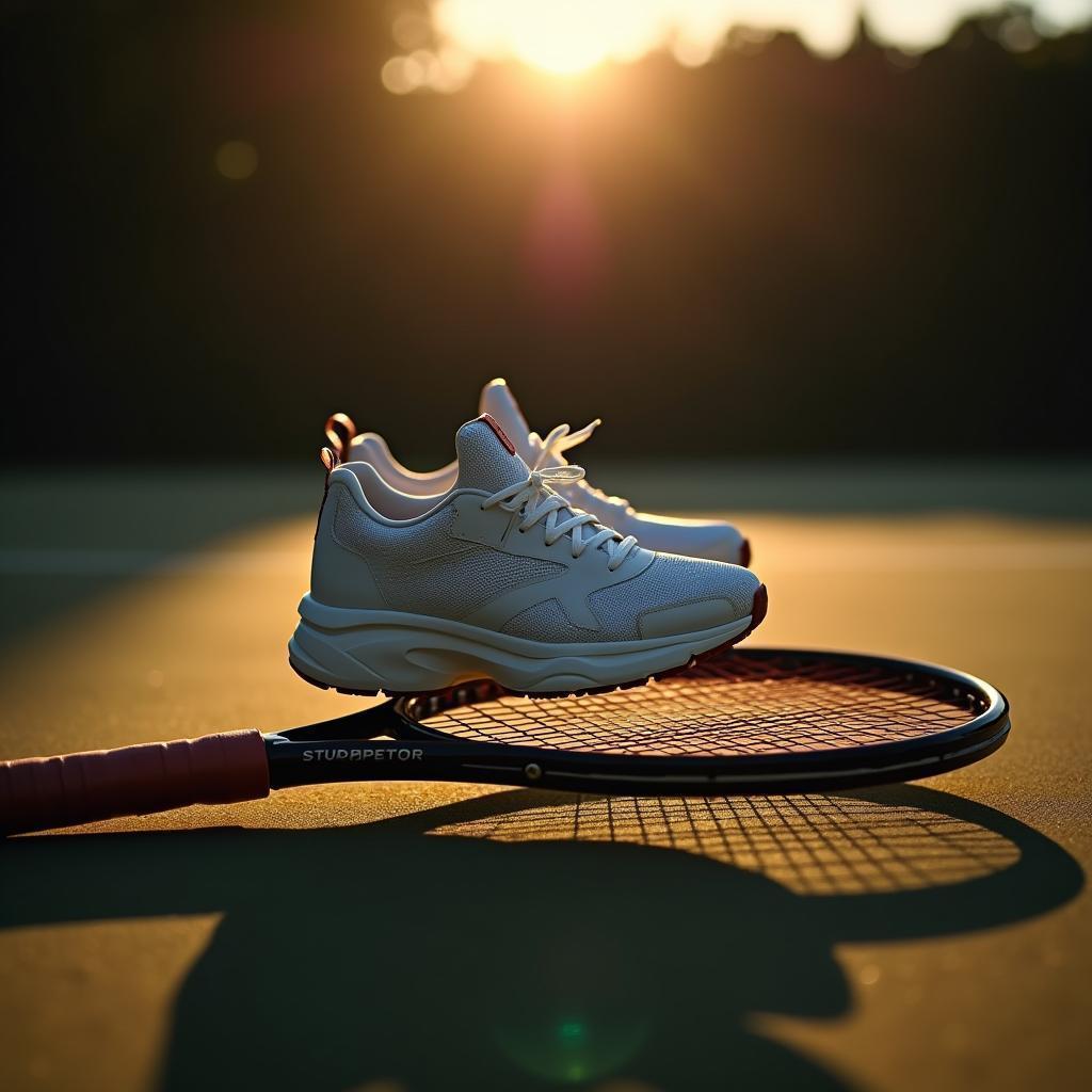 Shoes Balanced on a Racquet at Dusk