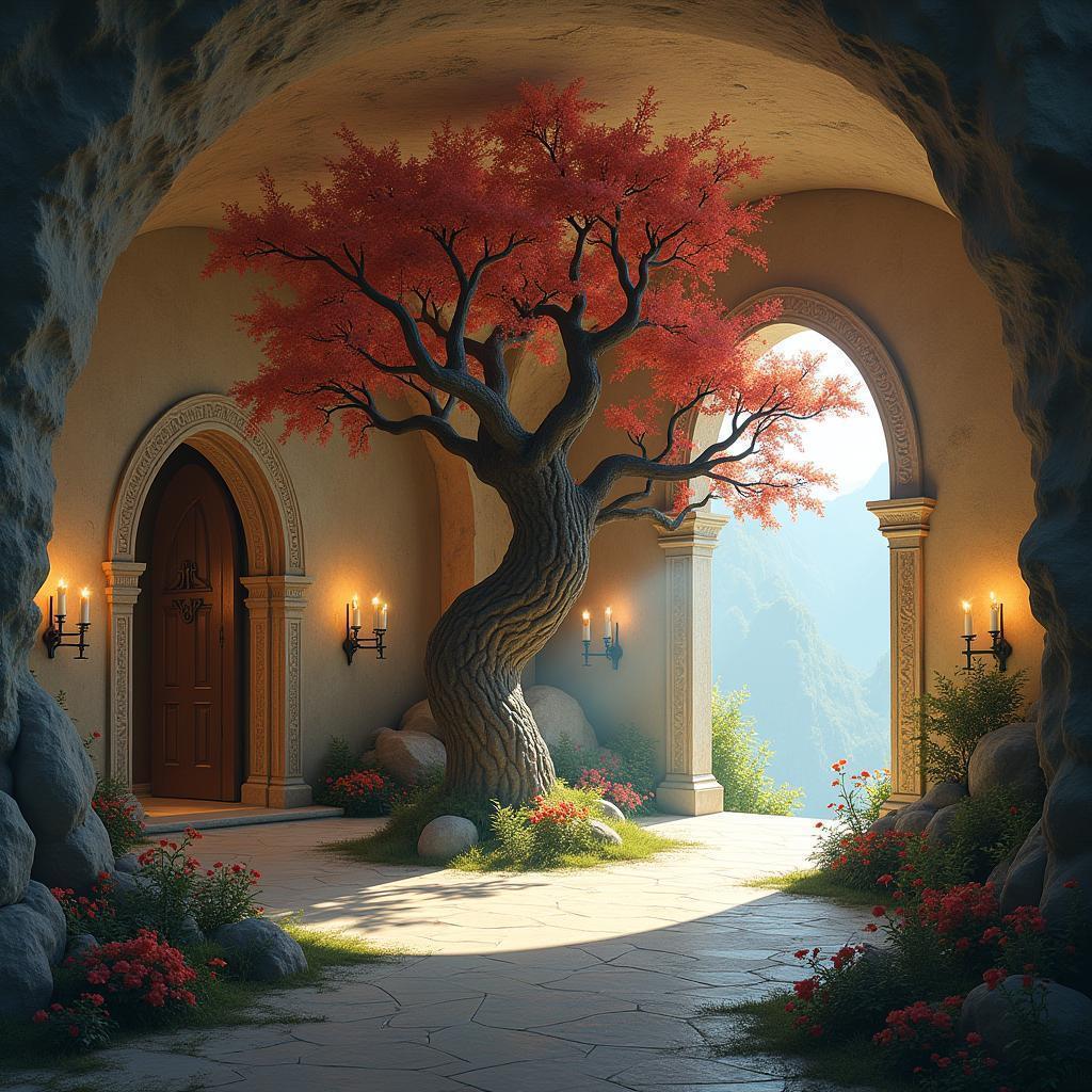 Secret Cave Commons With Blooming Central Tree