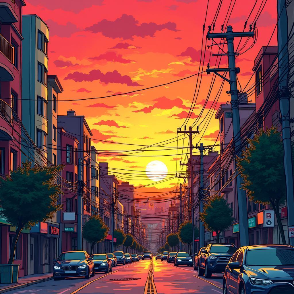 Bold Manga Sunset Over a Bustling City