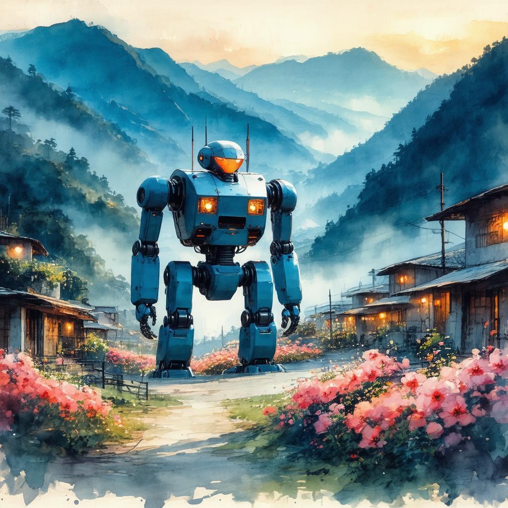 Watercolor Robot Guarding a Flowery Mountain Village