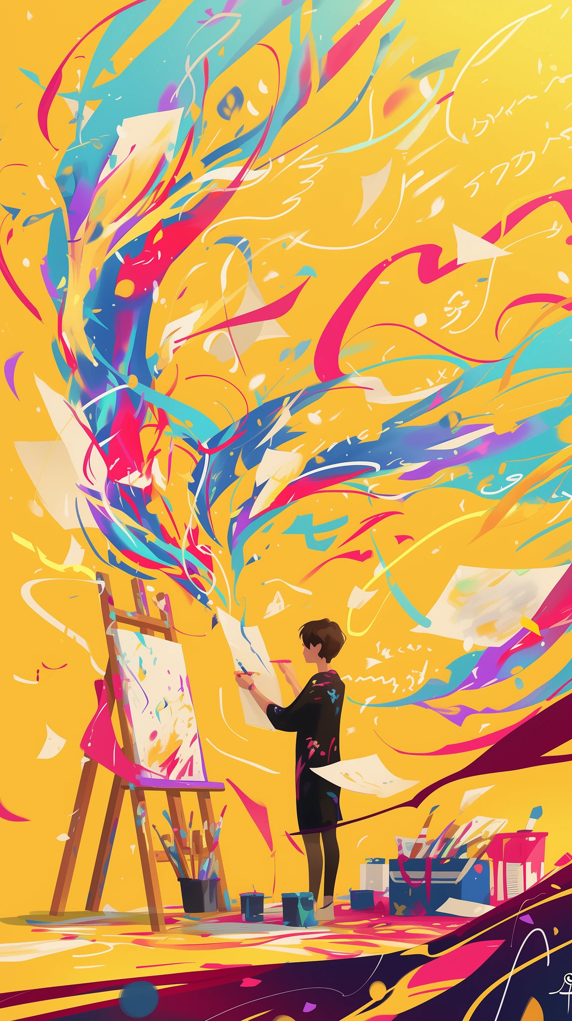 Artist Finishing Abstract Mural Illustration