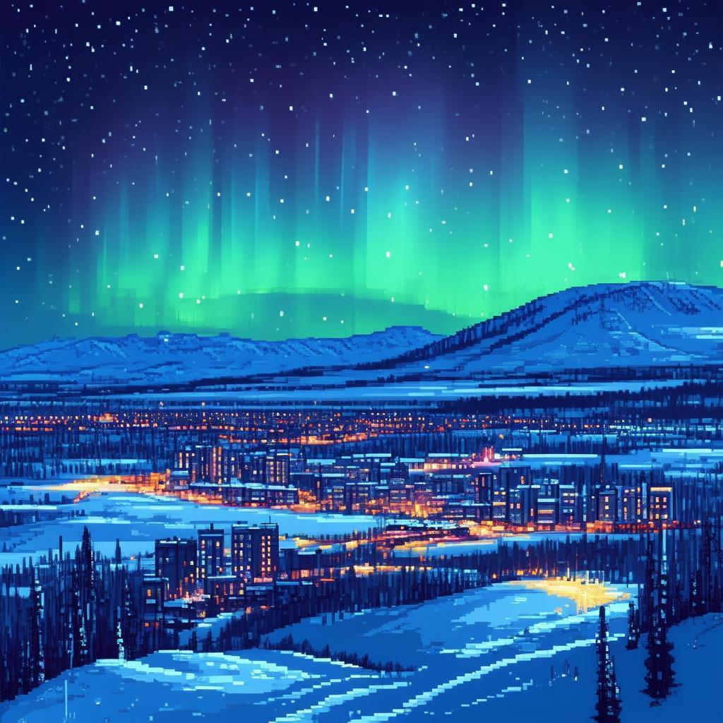 Aurora Over Lapland in Eight Bit Night