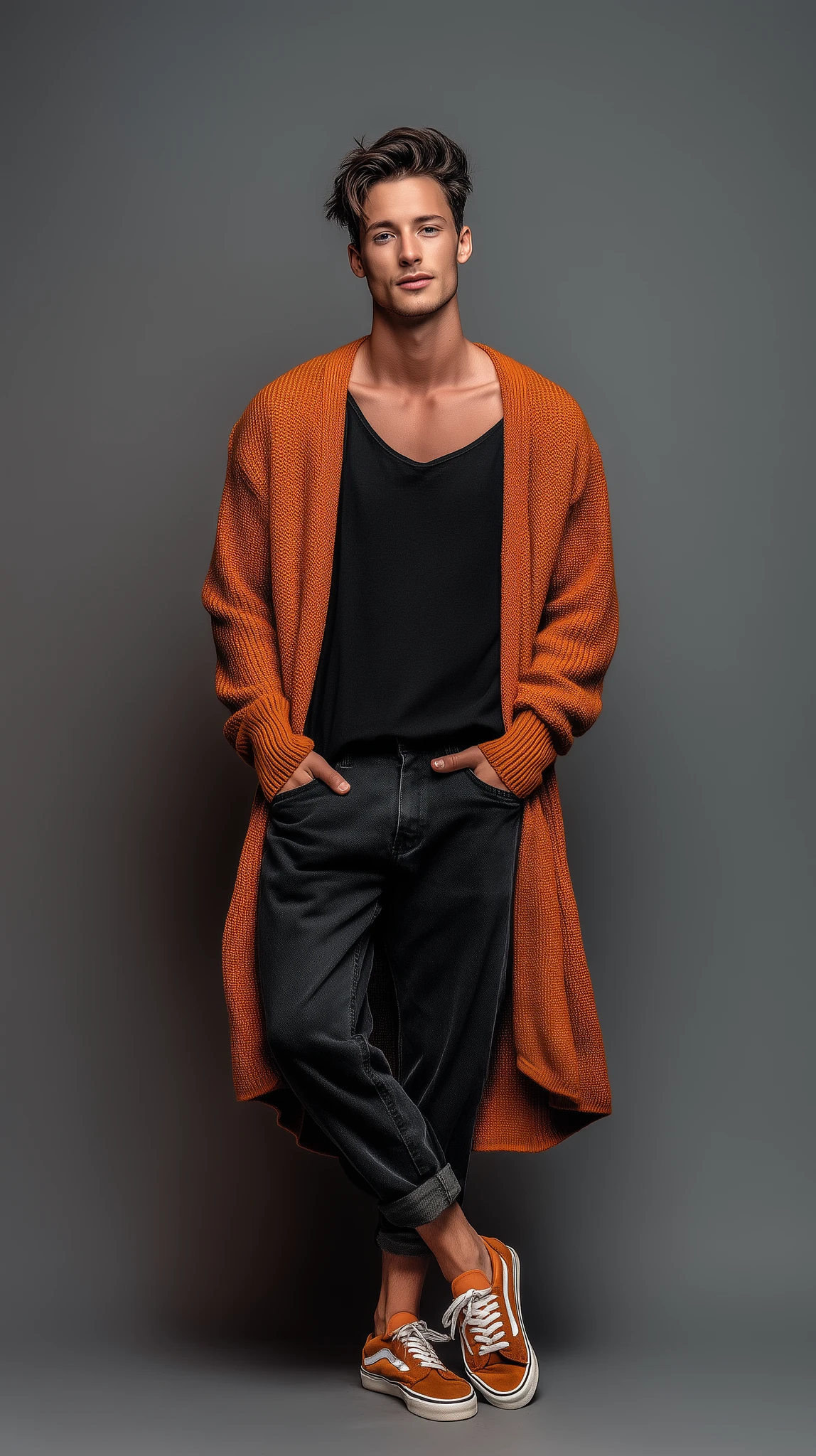 Professional Male Model Orange Cardigan