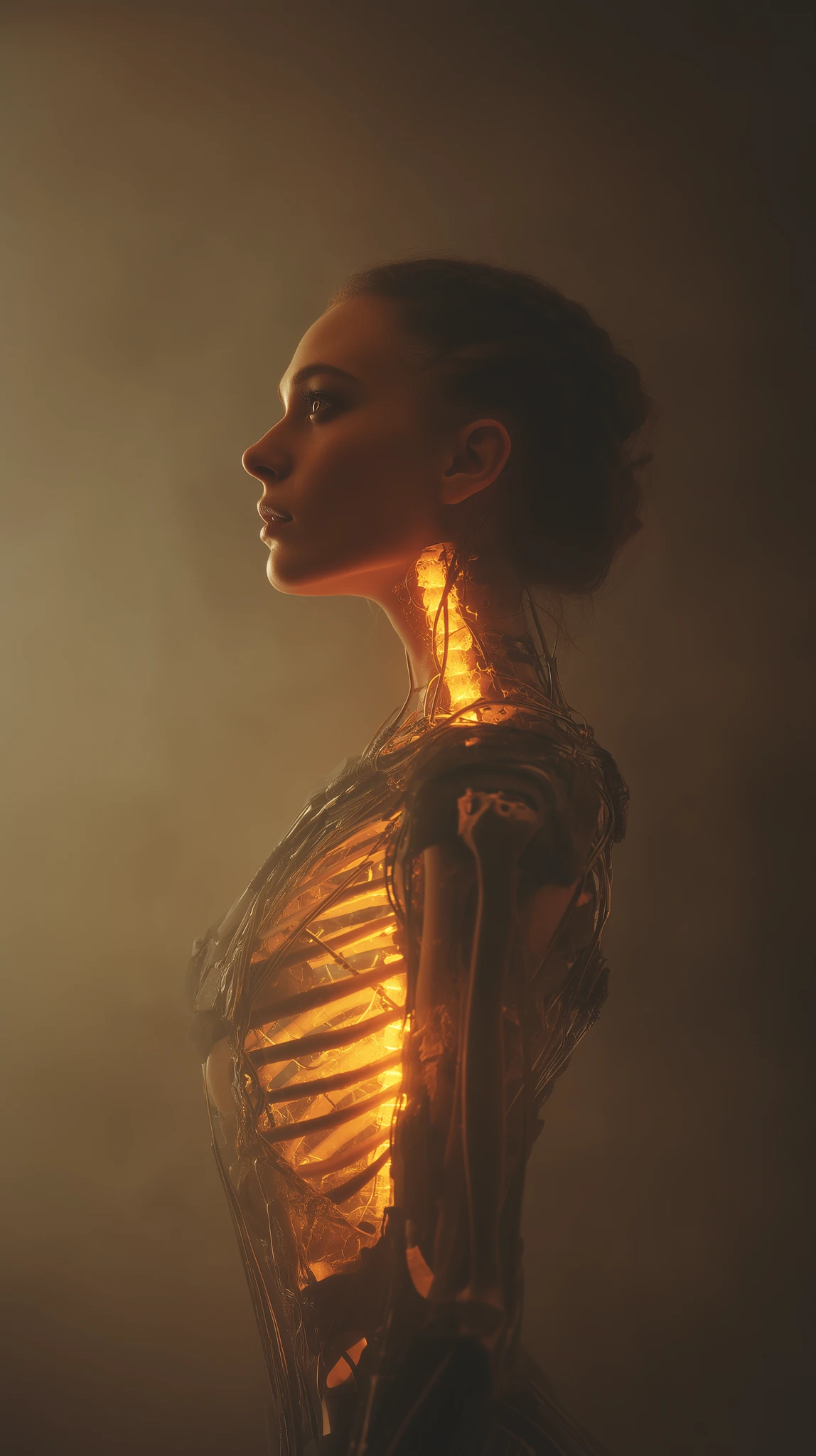 Woman Skeleton Neon Orange Surreal