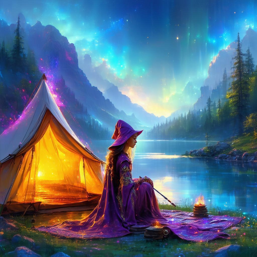 Mage Traveler Resting by an Enchanted Lake