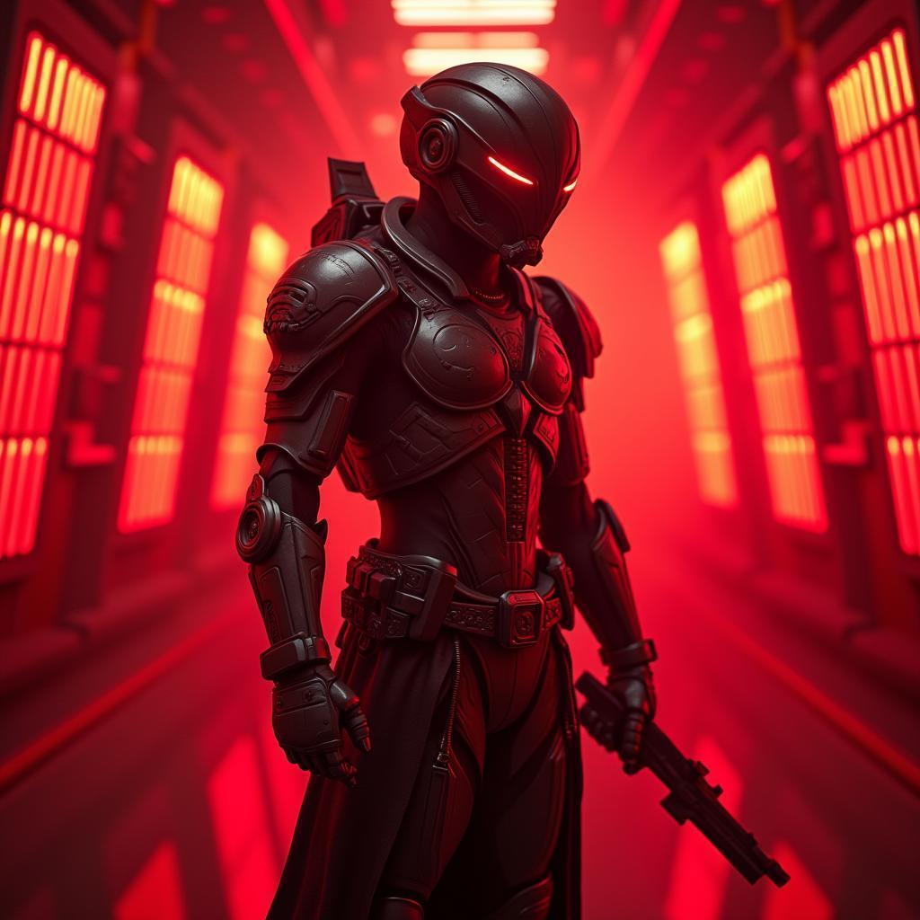 Futuristic Warrior Silhouetted in Red Neon