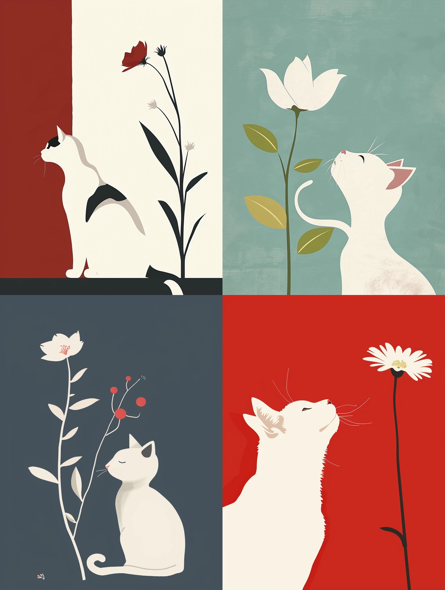White Cat Flower Minimalist Humor