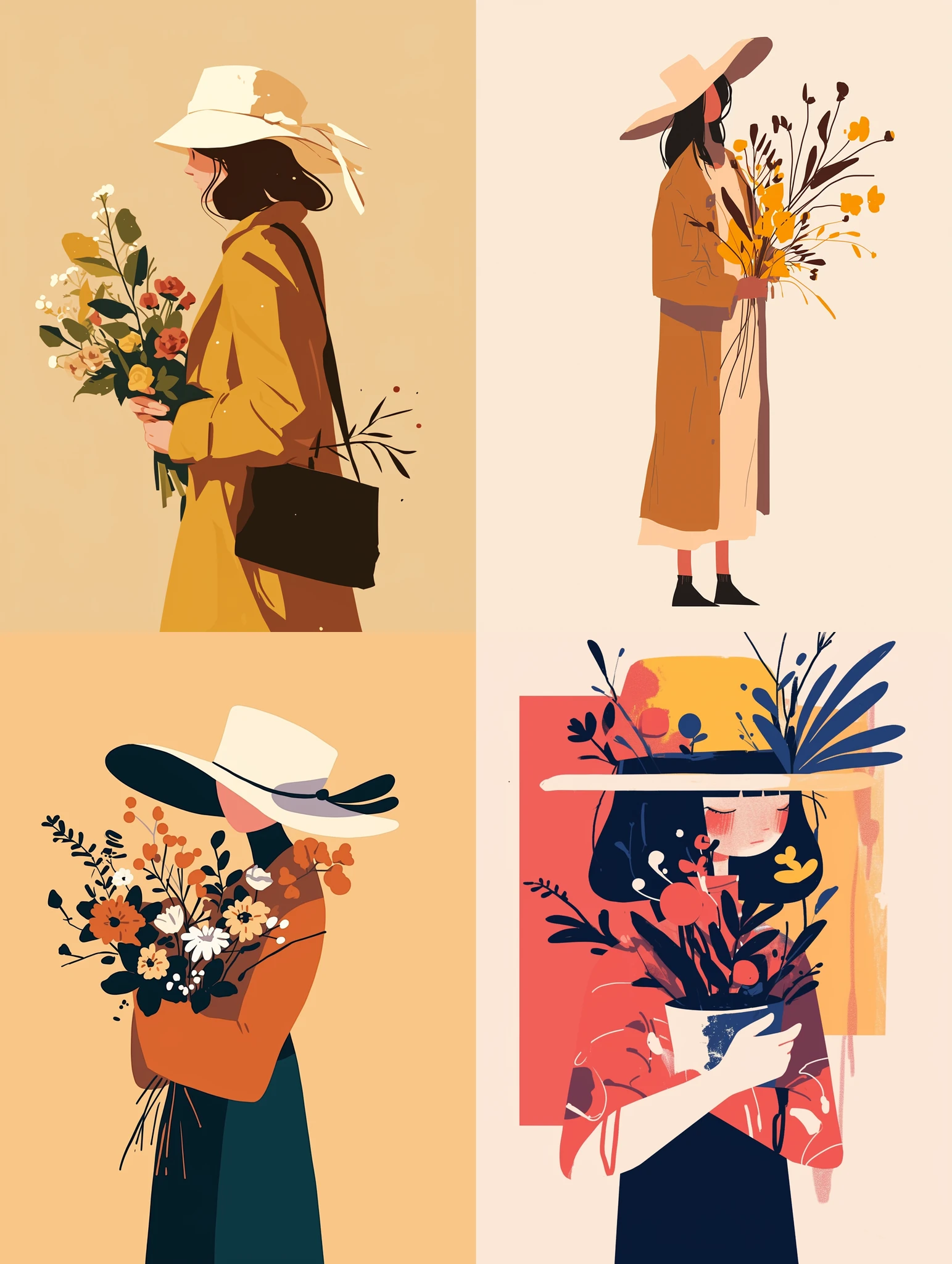 Girl Hat Holding Flowers Illustration