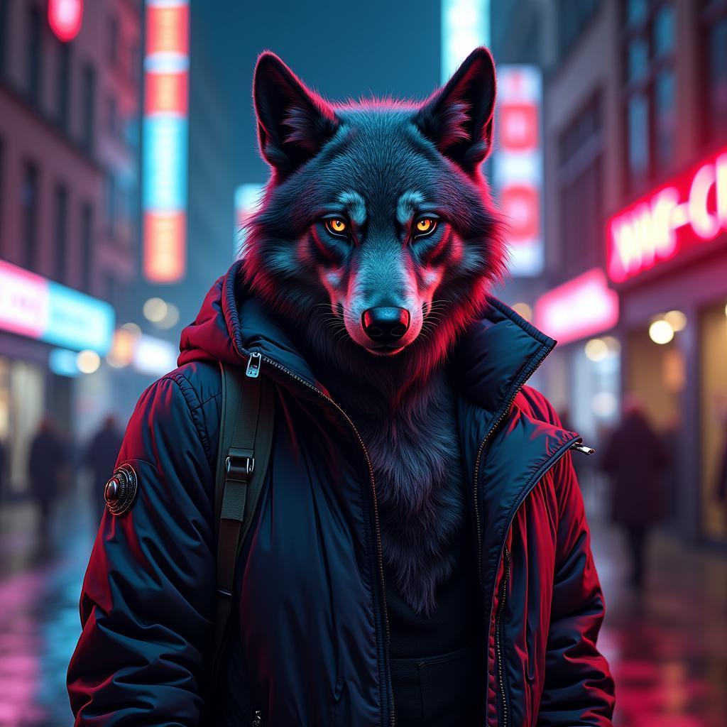 Neonpunk Werewolf Prowling Downtown Lviv