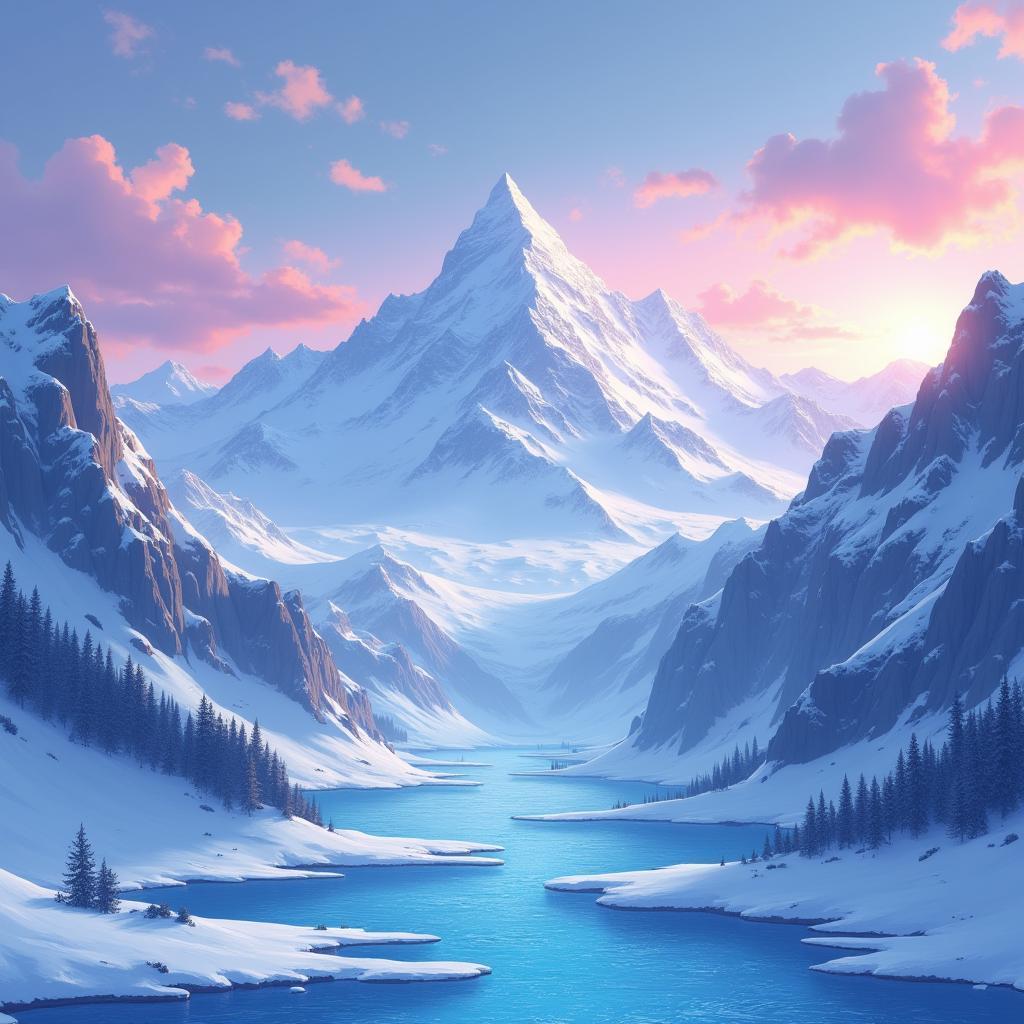 Snowy Mountain Dusk in Pastel Anime Calm