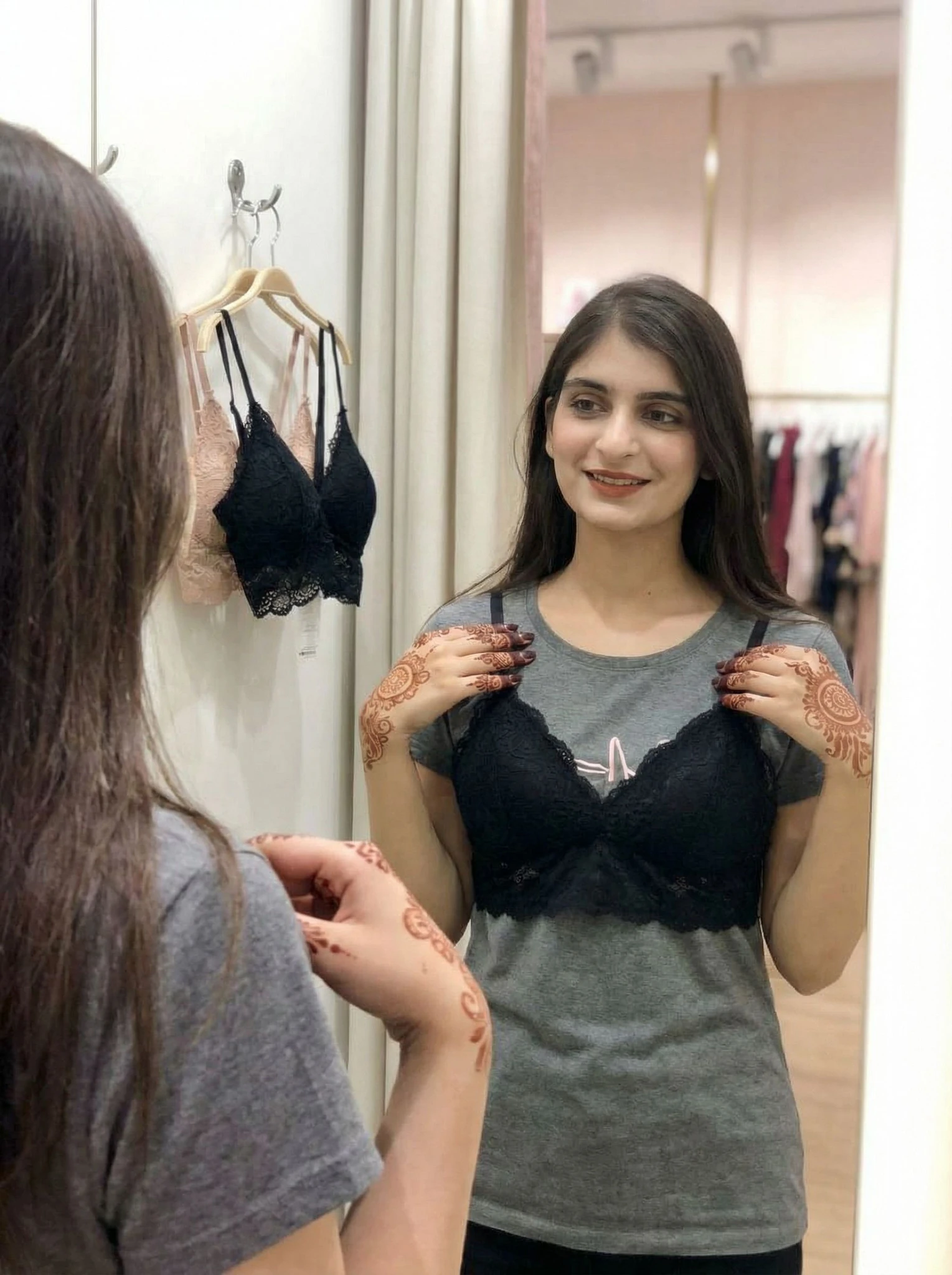 Girl Trying On Bralettes