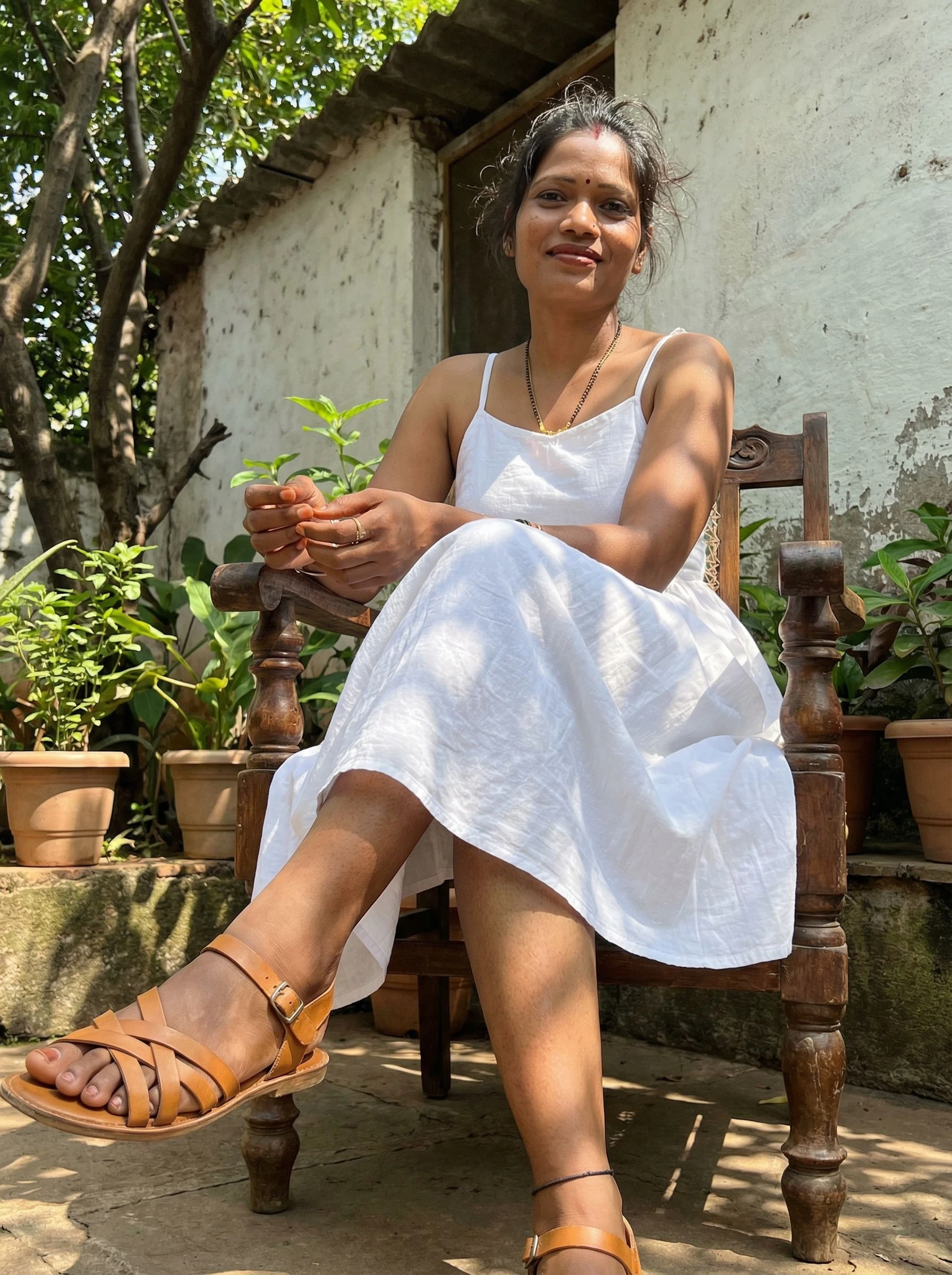 Woman White Sundress Garden Light