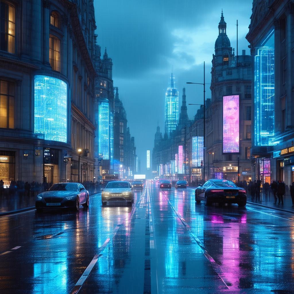 Rain Soaked London Streets in Neon Glow