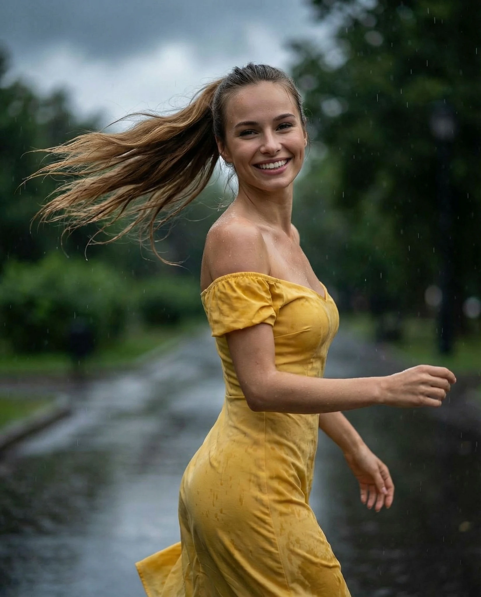 Woman Yellow Dress Rainstorm Motion