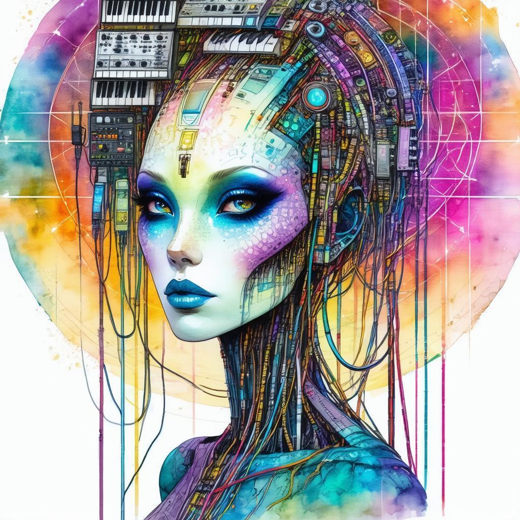 Alien Tribal Goddess in Sacred Geometry Watercolor