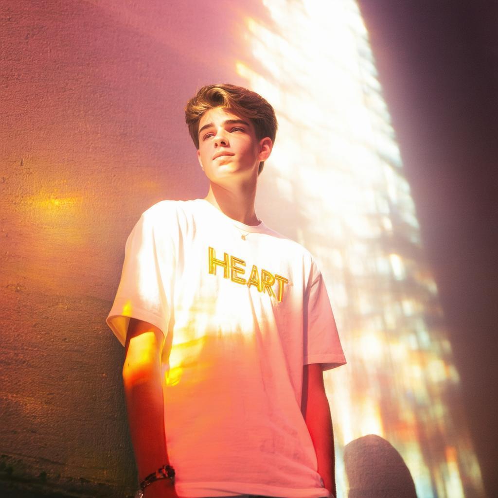 Boy in a Glowing Neon Heart Shirt