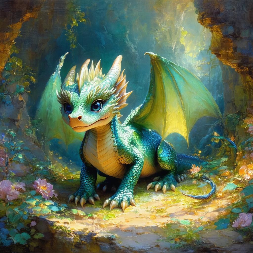 Renaissance Oil Baby Dragon in Dreamy Light
