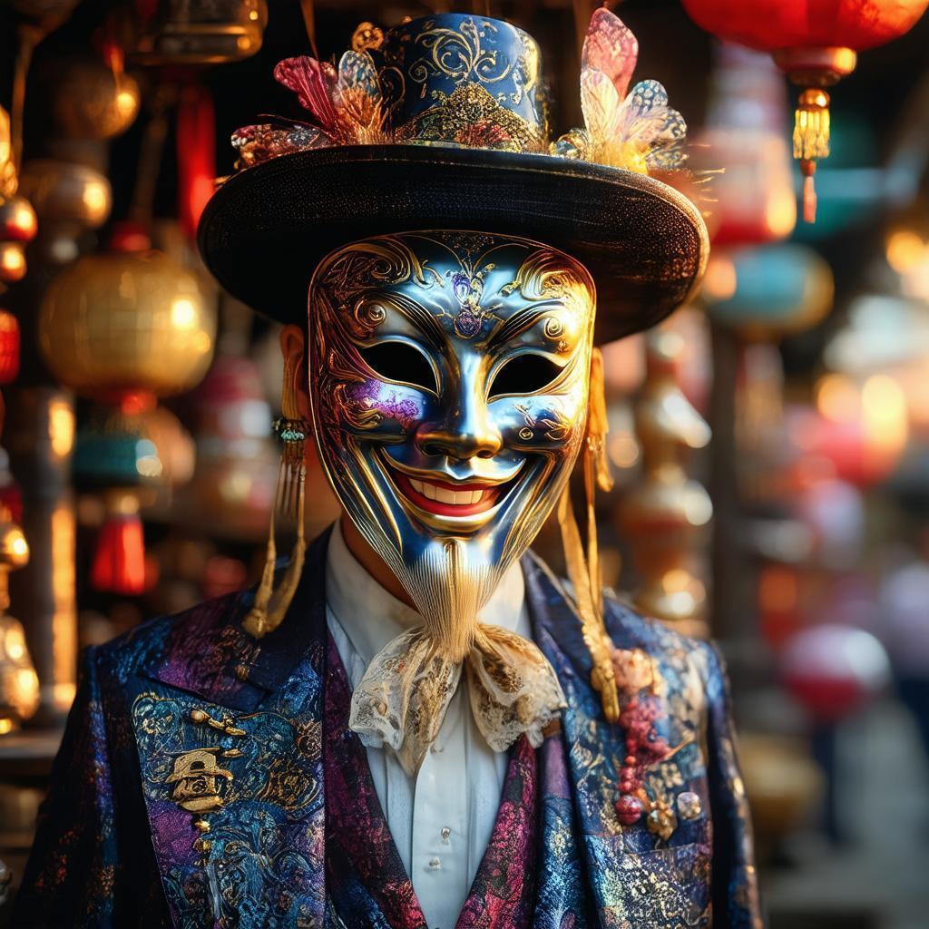 The Happy Mask Salesman in Golden Light