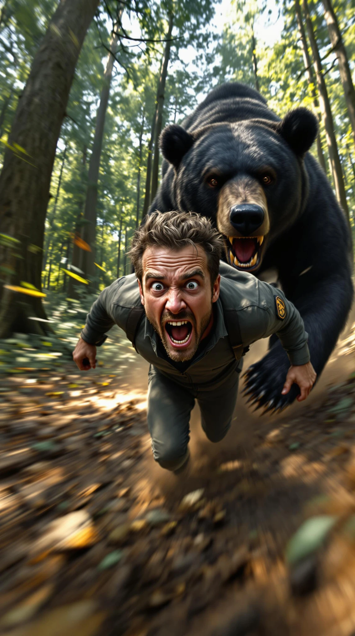 Man Selfie Bear Chase Forest