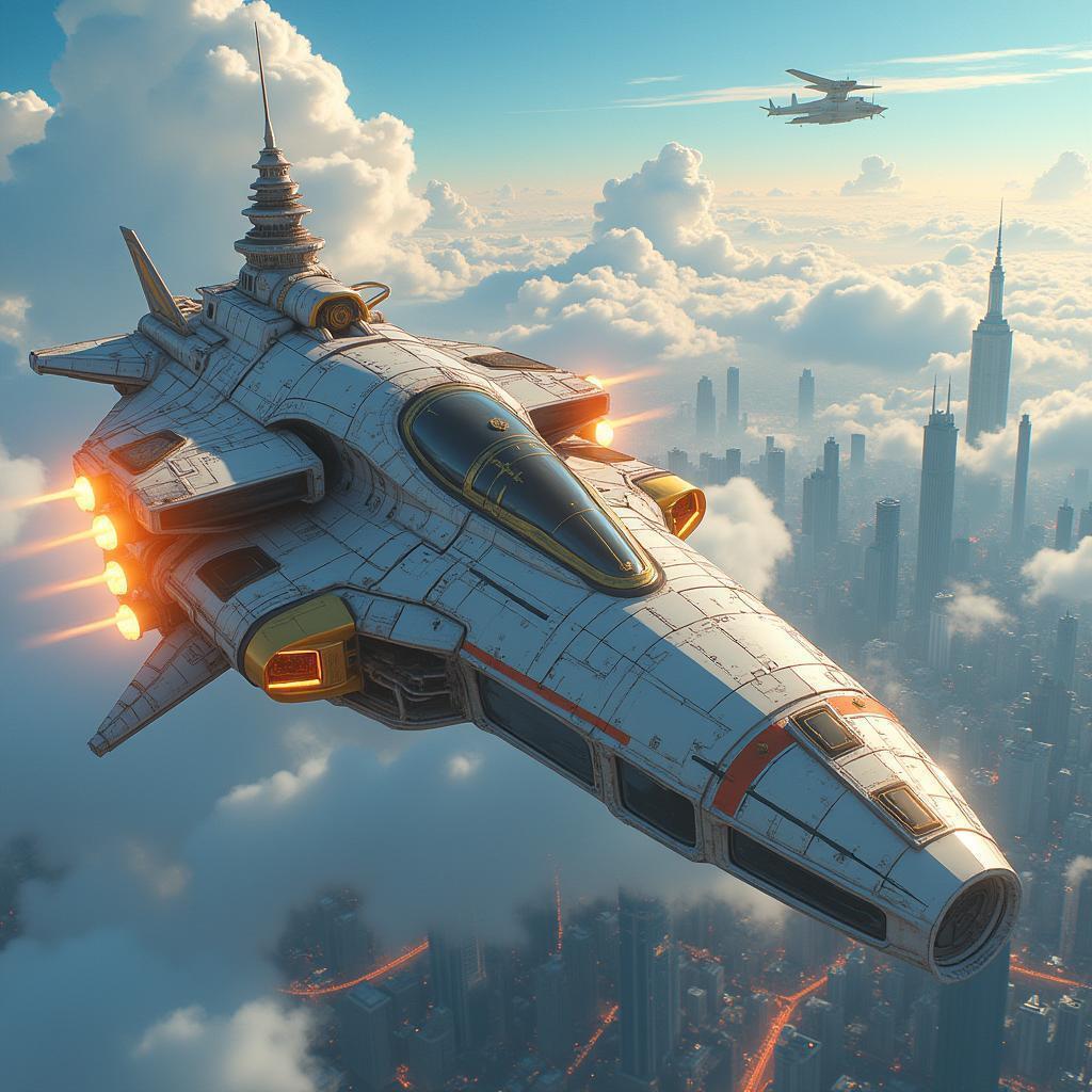Golden Engined Spaceship Over Utopian City