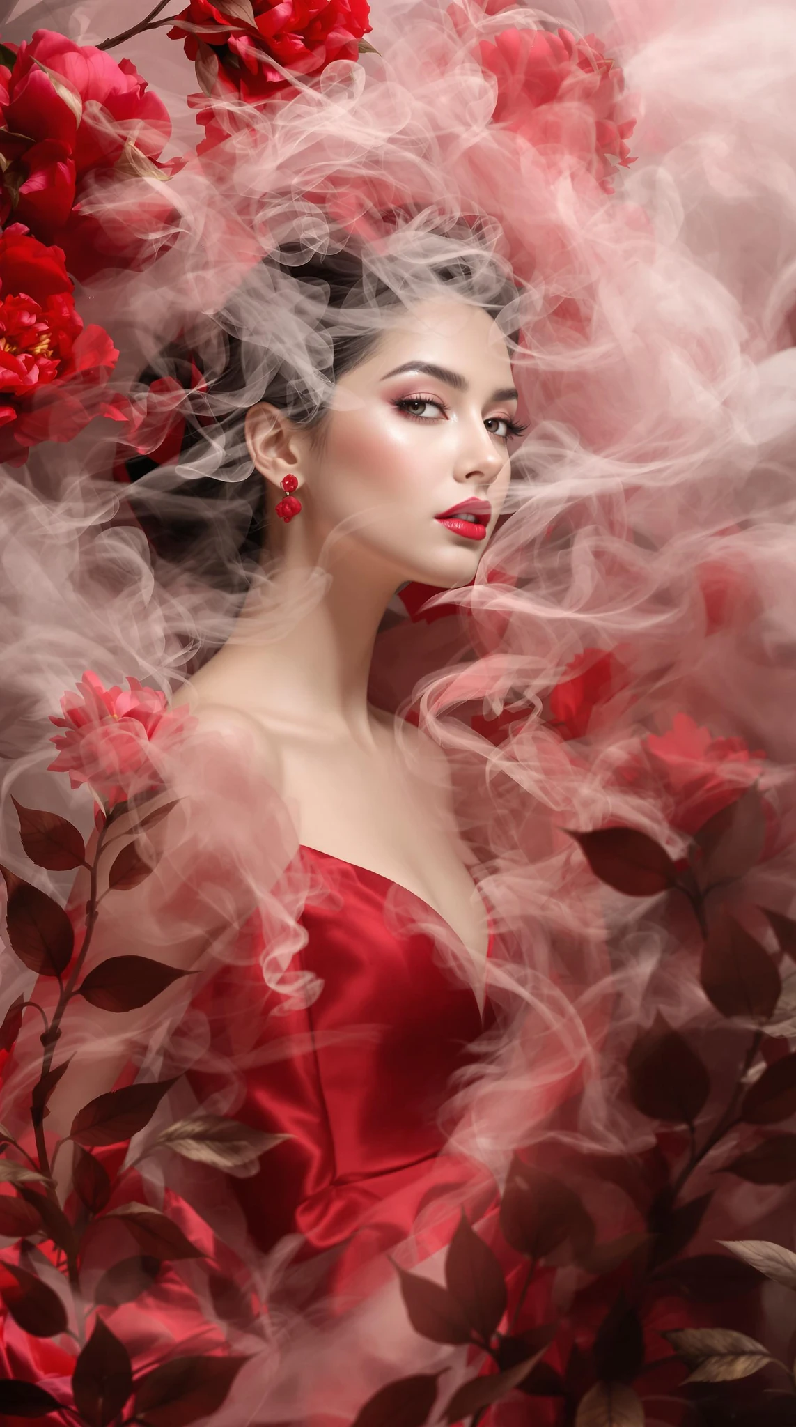 Red Dress Peonies Photography