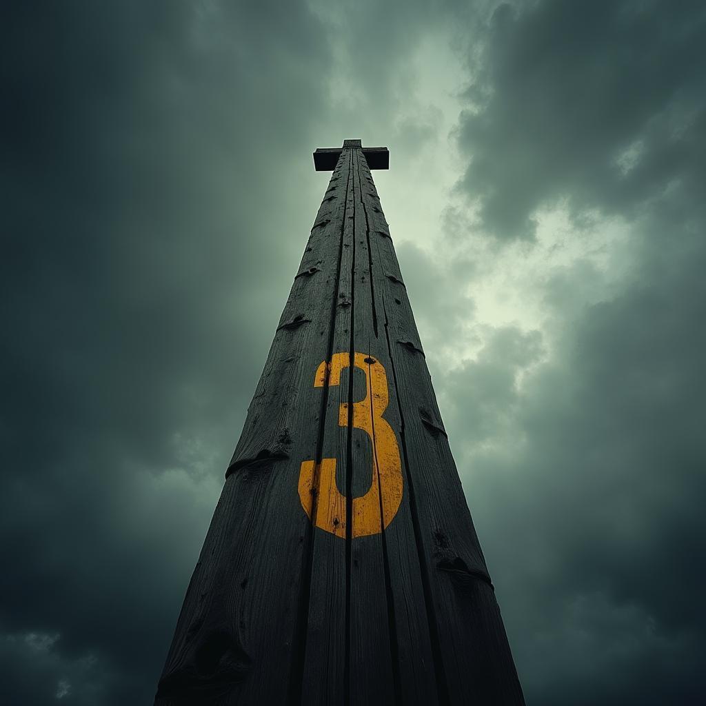 Wooden Post With a Bold Yellow Three