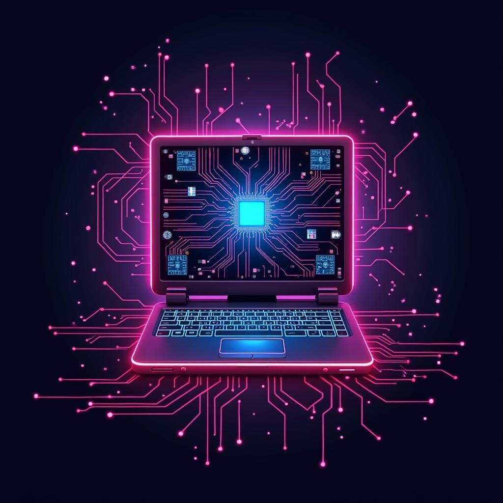 Neon Computer Logo With Cyber Circuits