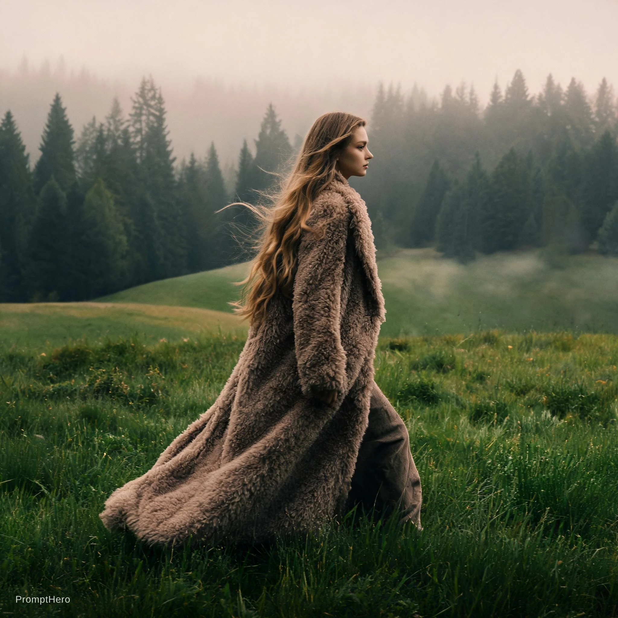 Woman Walking Lush Field