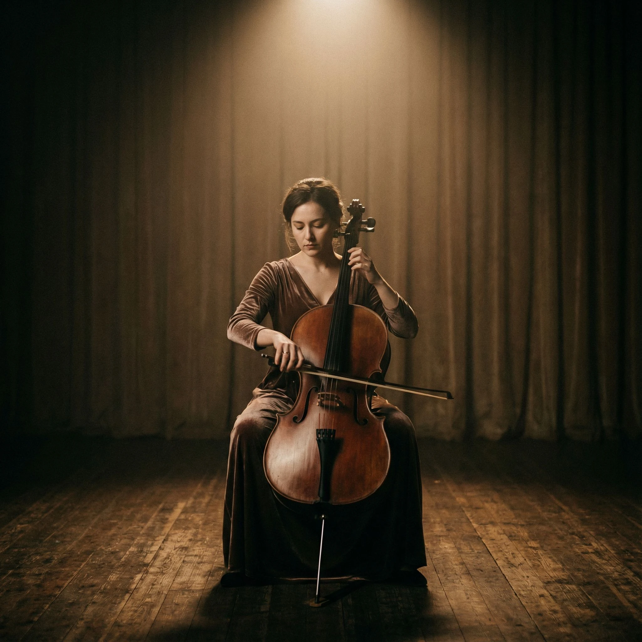 Woman Cellist Dark Stage