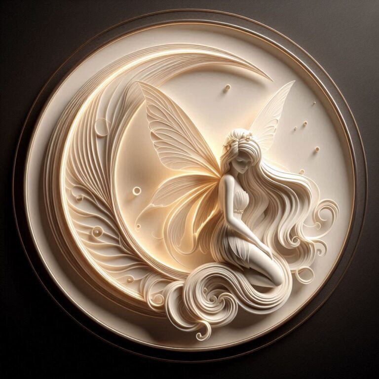 3D Fairy on Crescent Moon with Iridescent Wings