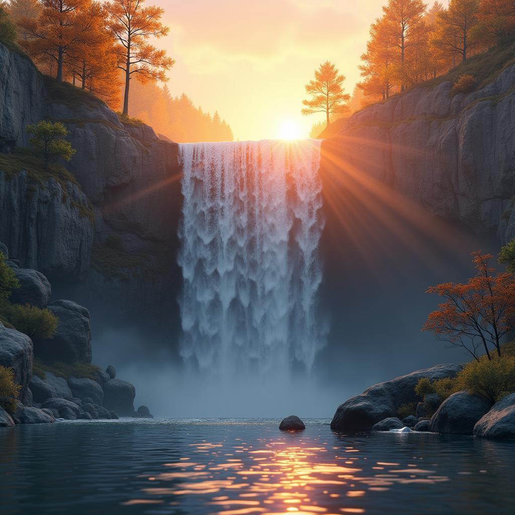 Serene Rendered Waterfall in Golden Sunset Mist