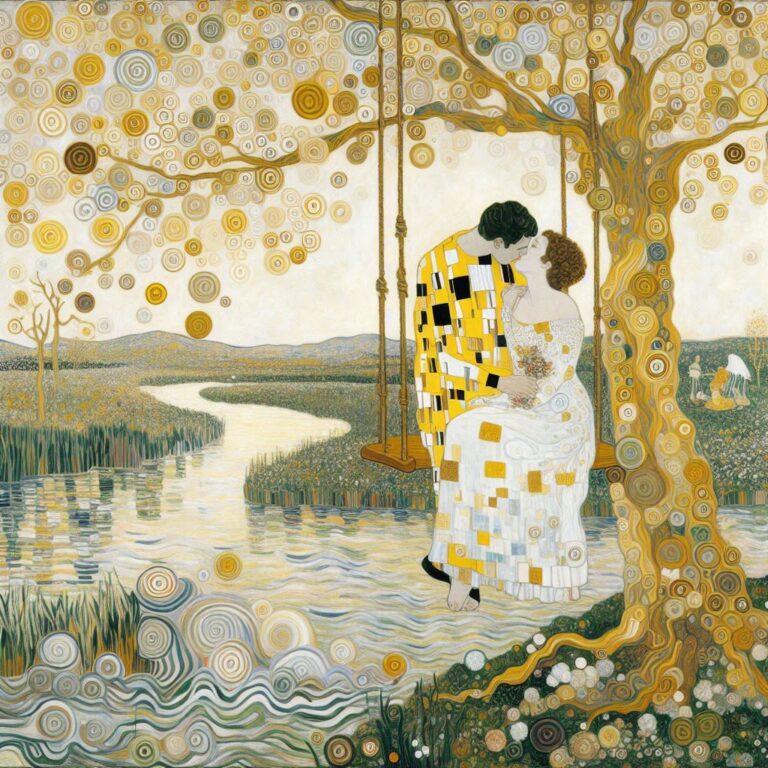 Couple Swinging Over a River in Klimt Style