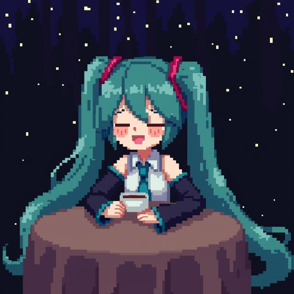 Sleepy Hatsune Miku Sipping Tea at Night