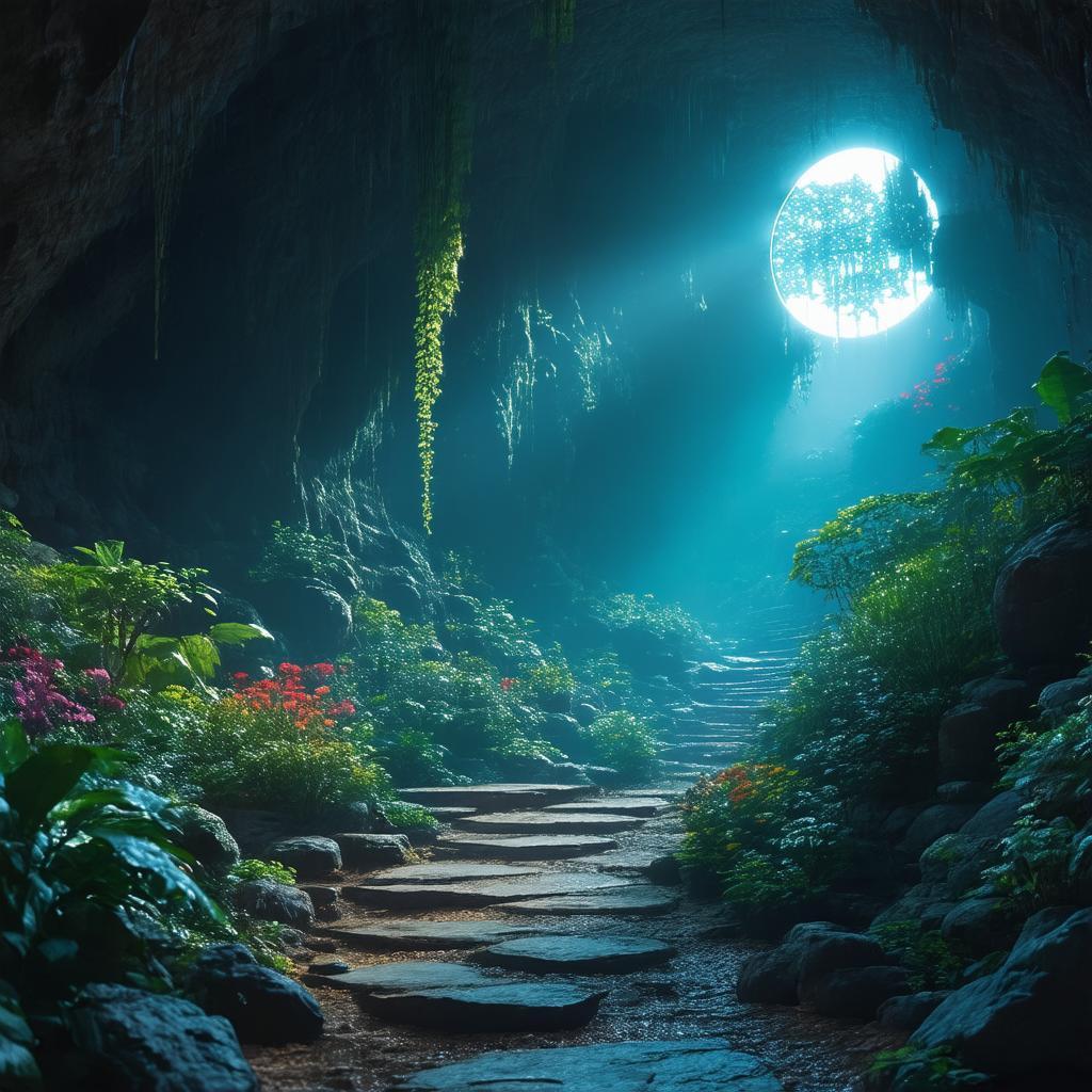 Moody Cave Garden Under Circular Neon Light