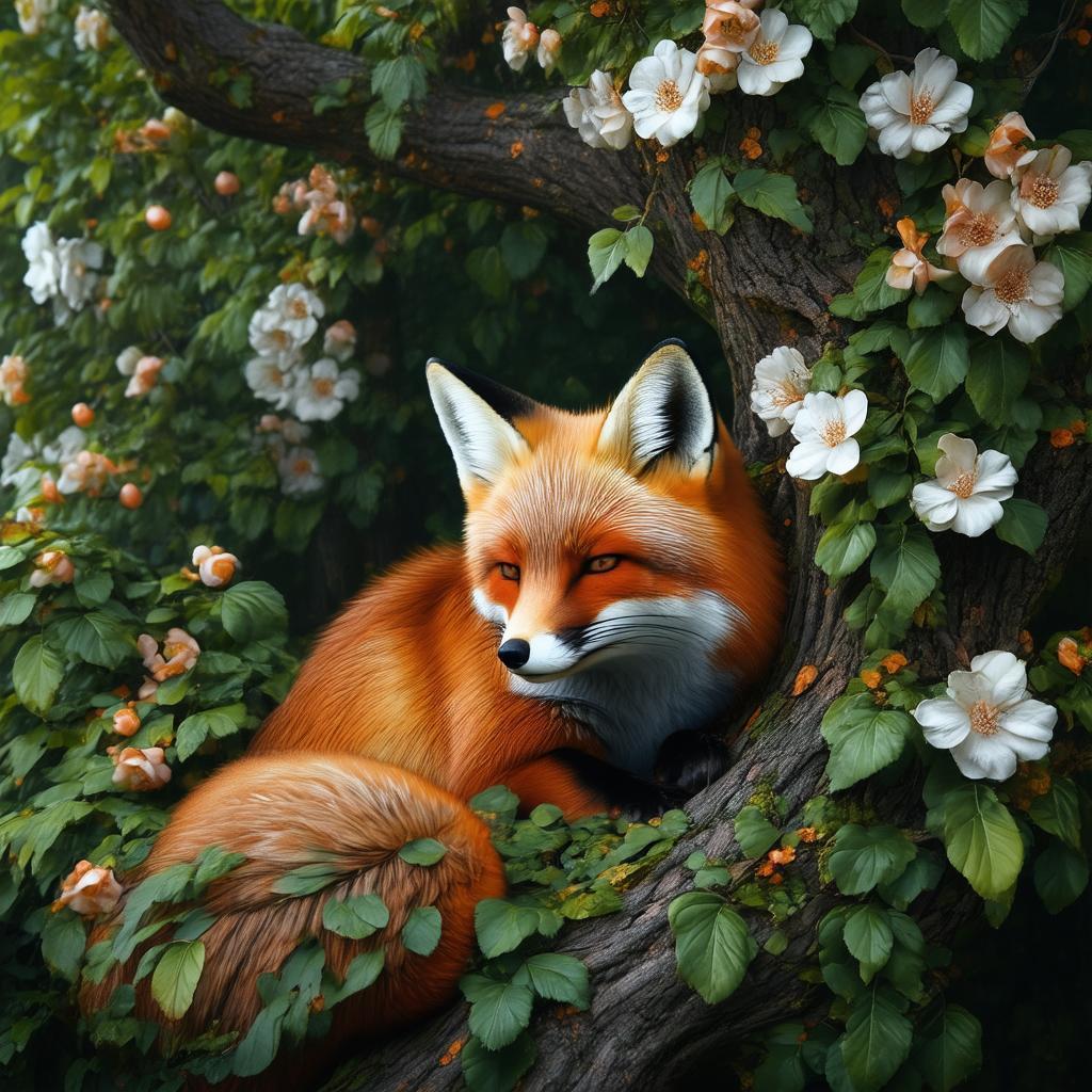 Fox Nestled in a Flower Adorned Tree