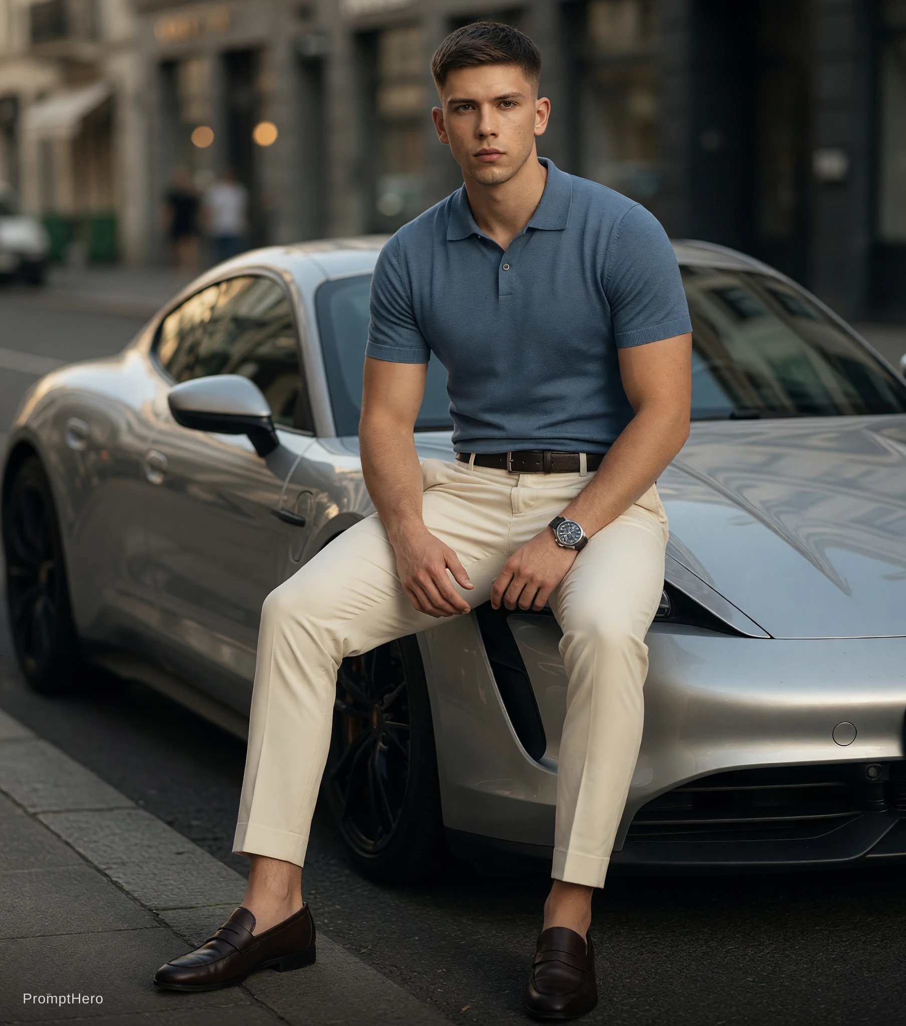 Man In Polo Shirt On Car