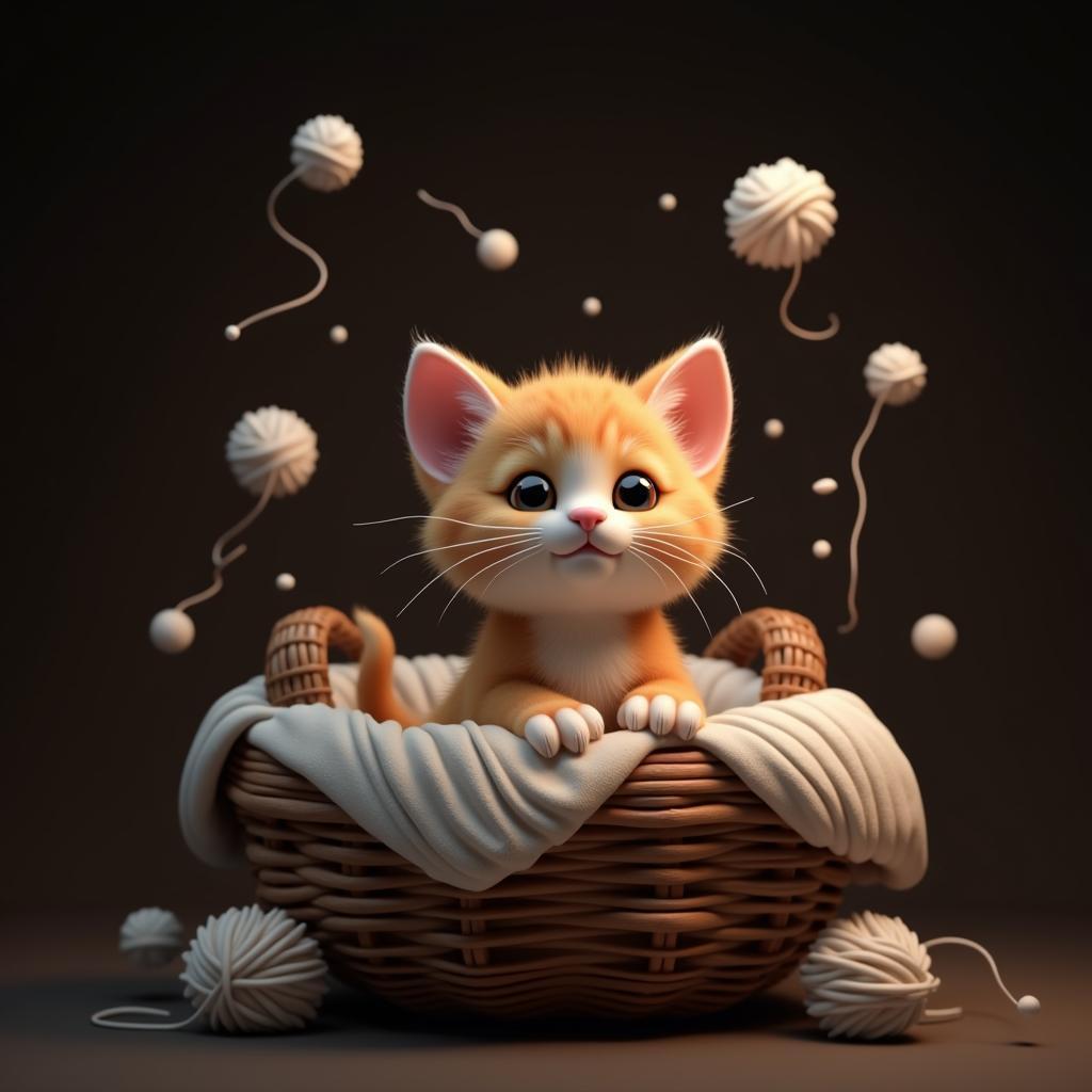3D Kitten Nestled in a Rustic Yarn Basket